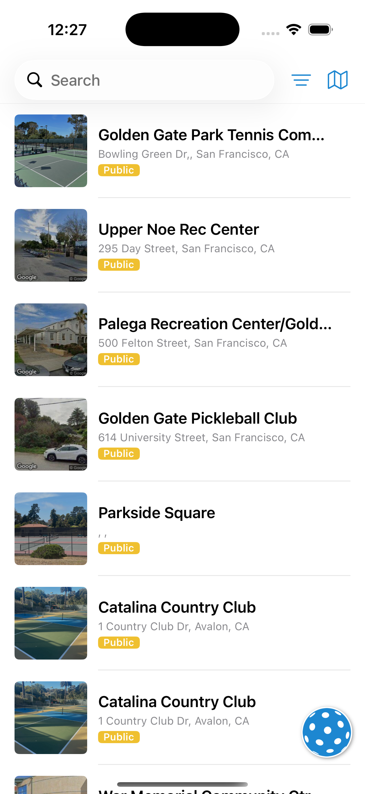 Pickleball Plus list view showing nearby pickleball courts